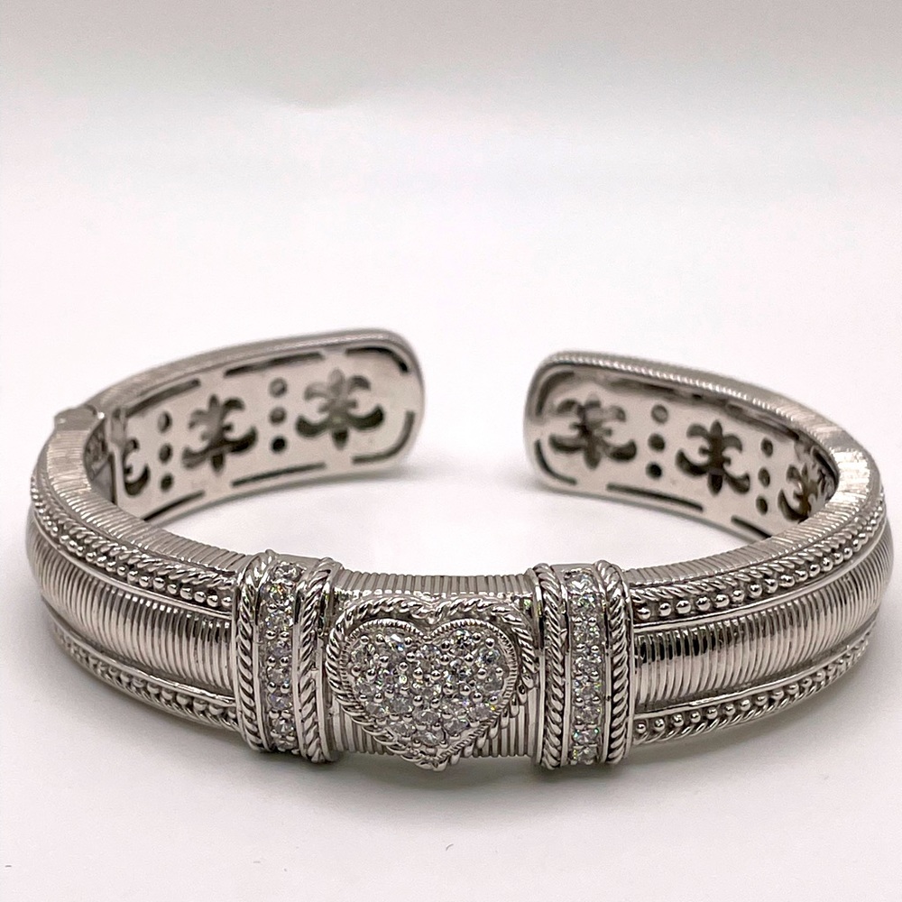 Judith Ripka Sterling Silver Cubic Zirconia Hinged Cuff Heart Bracelet